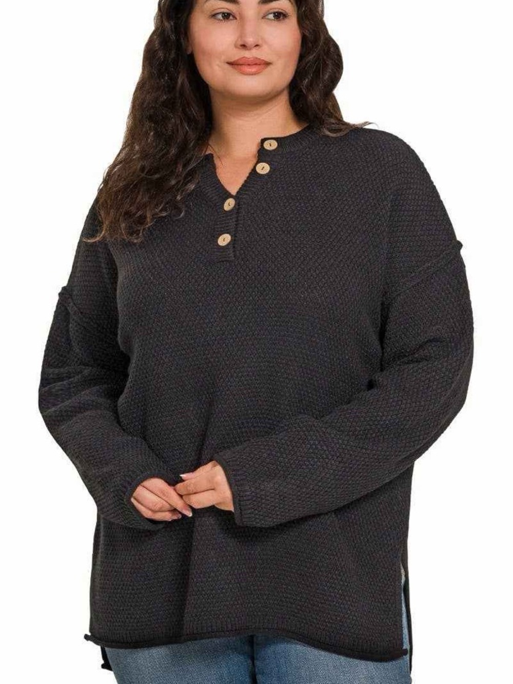Relaxed Waffle Henley Long Sleeve Top in Black